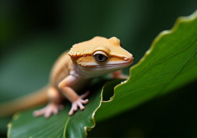 A Crested Gecko clinging to a tropical leaf