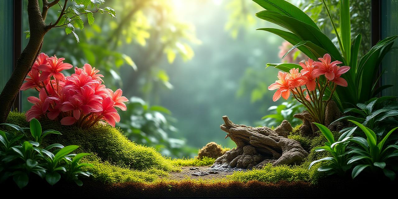 A lush, vibrant bioactive terrarium with tropical plants and natural wood