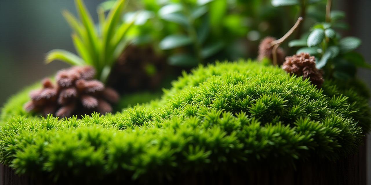 A lush bioactive terrarium with live plants and moss