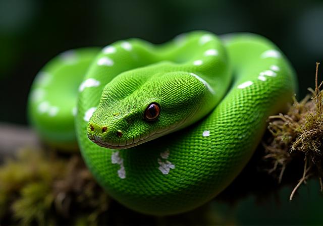 Emerald Tree Boa coiled on a branch