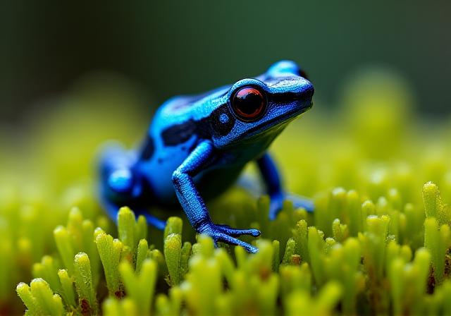 Blue poison dart frog among moss