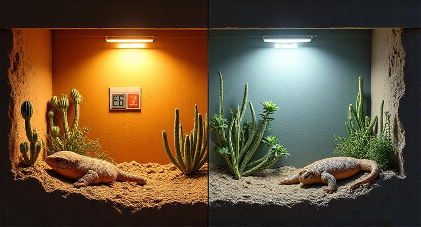 Diagram showing the heat gradient from a basking bulb to the cool end of a terrarium